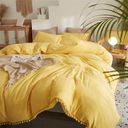 American Style Furball Tasseles Yellow Bedding Set, Queen Size